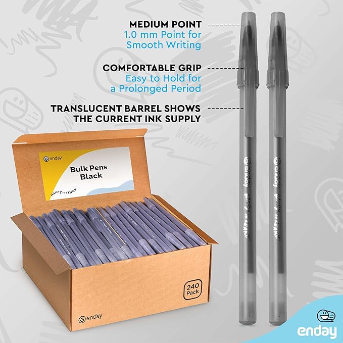 Enday Bulk Ballpoint Pens Black (240 Pack) Ink pens bulk, Medium Point 1.0mm, office, Smooth Writing black ink pens for School, Home, and Office.