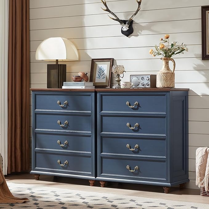 Farmhouse 4 Drawer Dresser Set of 2 for Bedroom, 37" Tall Rustic Chests of Drawers w/ 4 Solid Wood Feet, Mid Century Vintage Wooden Closet Storage Dressers Organizer for Living Room, Navy Blue