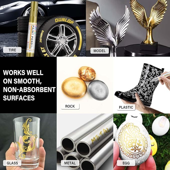 Betem Oil Based Paint Markers, Dual Tip Paint Pens(0.7mm & 3mm), Gold Silver Permanent Paint Marker Pen, Waterproof, Quick Dry, for Fabric, Rock Painting, Wood, Plastic, Metal, Canvas (2Gold2Silver)