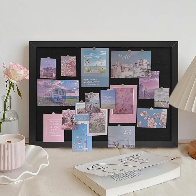 Black Cork Board Bulletin Board 16.7" x 11", 2-Pack Small Linen Corkboards with Frame for Walls, Cute Picture Display Pin Board Vision Board for Room School Office Bedroom 25 Pushpins