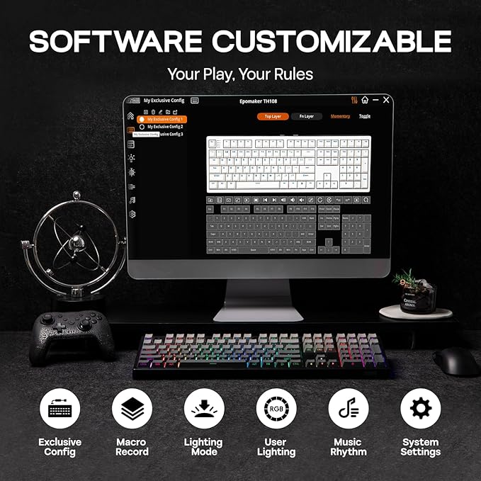 EPOMAKER TH108 Full Size Mechanical Keyboard, Wireless Gaming Keyboard with 8000mAh Battery, Creamy Gasket, 108 Keys, Hot Swap, Custom Driver, RGB Backlight (Black, Creamy Jade)