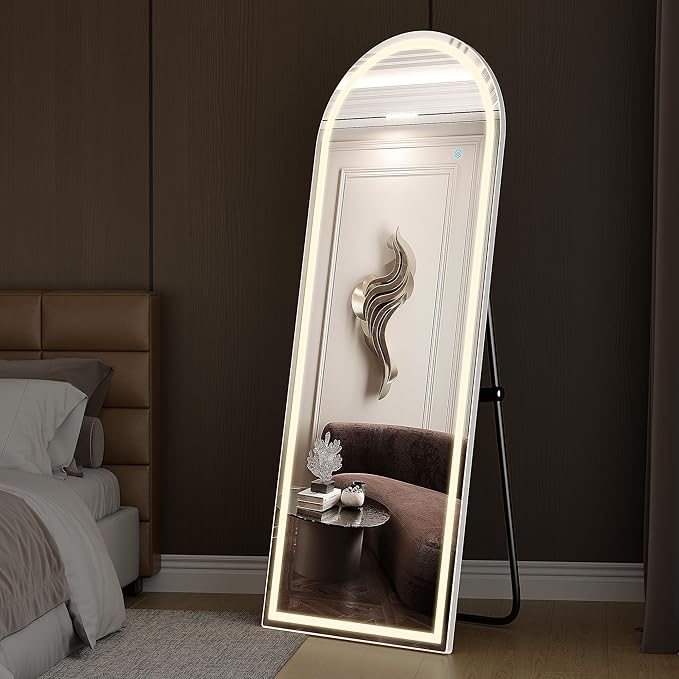 Arched Full Length Mirror with LED Lights, 63"x20" Body Floor Mirror with Dimming & 3 Color Lighting, LED Mirrors for Home Decor, Tall Arch Aluminum Frame Mirrors for Bedroom Cloakroom