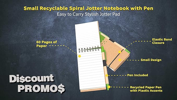 DISCOUNT PROMOS 10 Recyclable Spiral Small Notebooks Pack - 60 Lined Pages - Lime Green