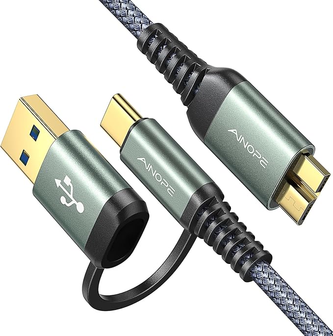 AINOPE 10Gbps Micro B to USB C External Hard Drive Cable 1.5FT, Nylon Braided External Hard Drive Cord Compatible with MacBook Pro/Air, Tablet/iPad, WD Seagate Toshiba Westgate, Samsung Galaxy S25