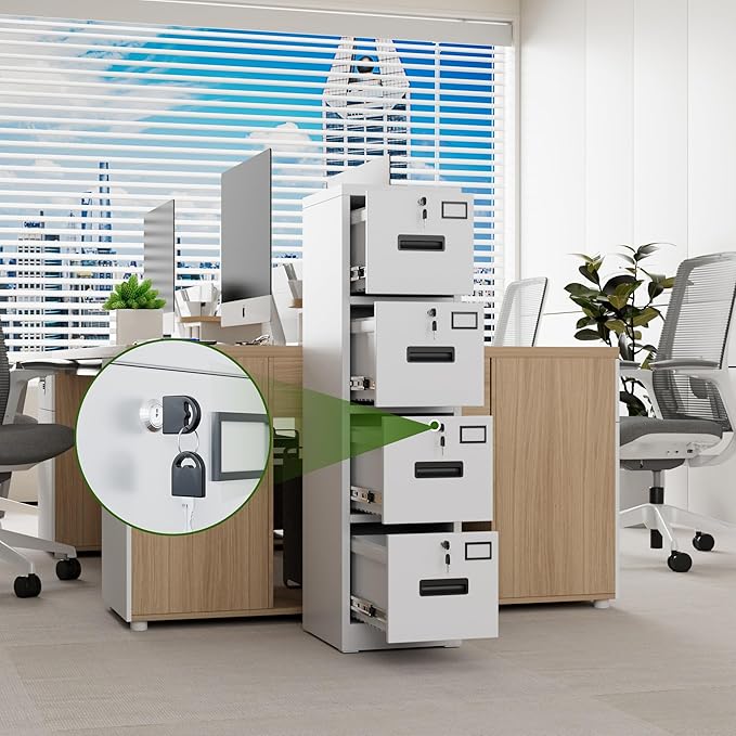 Aobabo 4 Drawer File Cabinet, Metal Filing Cabinet with Lock, Suitable for Home Office School Hanging Files Letter/Legal/A4 Size,White,Required-Assembly,17.72" D x 14.96" W x 55.2" H