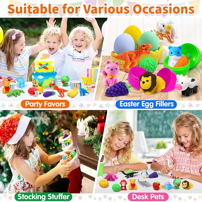 Arscniek 40 Pack 3D Puzzle Animal & Food Erasers for Kids, Take Apart Mini Pencil Erasers, Bulk Party Favors, Classroom Prizes, Treasure Box & Stocking Stuffers