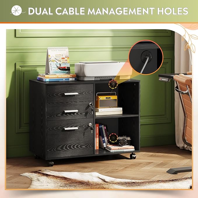 DEVAISE 3-Drawer Wood File Cabinet with Lock, Mobile Lateral Filing Cabinet, Printer Stand with Open Storage Shelves for Home Office, Black