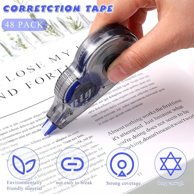 Chivao 48 Pack White Correction Tape, Classroom Correction Tape Wipe out Easy to Use Applicator Translucent Dispenser Shows for School Office Note Journal, 0.2 Inch x 39.4 Feet
