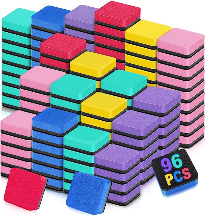 Cube Dry Erase Erasers, 96 Packs Mini Magnetic Whiteboard Dry Erasers in 6 Colors, Chalkboard Cleaner Wiper for Classroom, School, Home, and Office Supplies