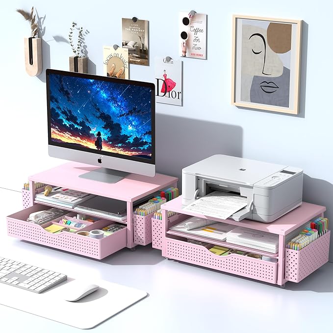 Desk Organizer and Accessories, Computer Monitor Stand Riser with Drawer and 2 Pen Holders, Office Desk Accessories & Workspace Organizers for Office Supplies (Pink)