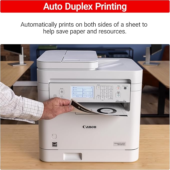 Canon imageCLASS MF287dw - Monochrome, Duplex, Wireless Laser Printer, All-in-One Print, Copy, Scan, Fax, Auto Document Feeder, 1 Year Limited Warranty, 35 PPM, White