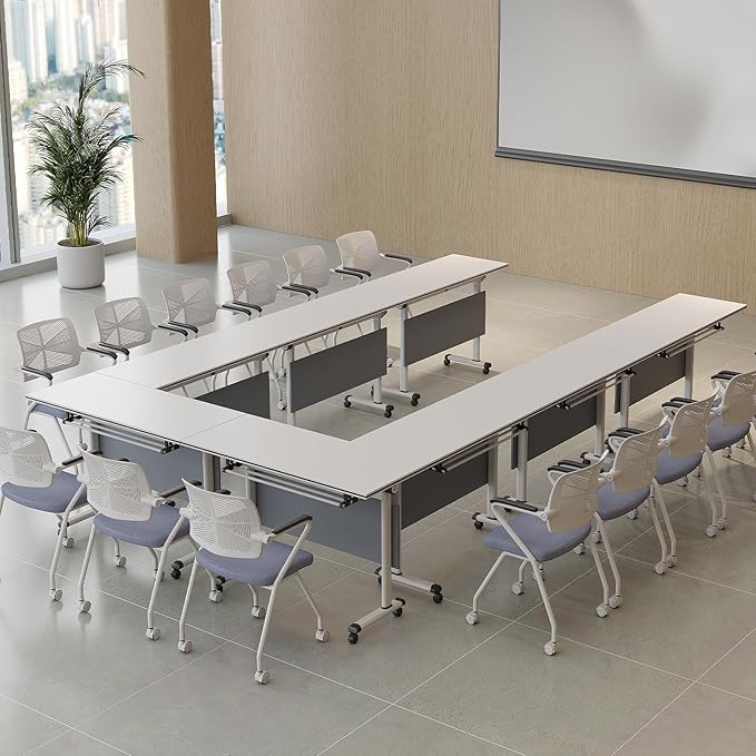 Folding Conference Table, Modern Large Conference Room Tables with Flip-Top Design, Foldable Conference Table Meeting Table with Wheels, Mobile Seminar Training Tables for Office Classroom (8, Gray)