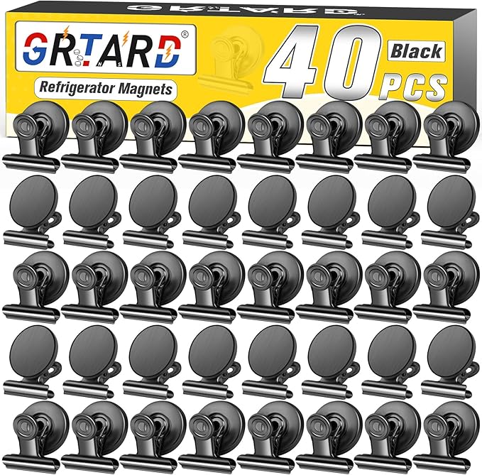 Grtard 40 Pack Magnetic Clips Heavy Duty, Black Magnet Clips for Fridge, Refrigerator Magnets, Strong Magnetic Clip, Scratch Free Magnets with Clip for Whiteboard, Refrigerator, Cruise, Locker