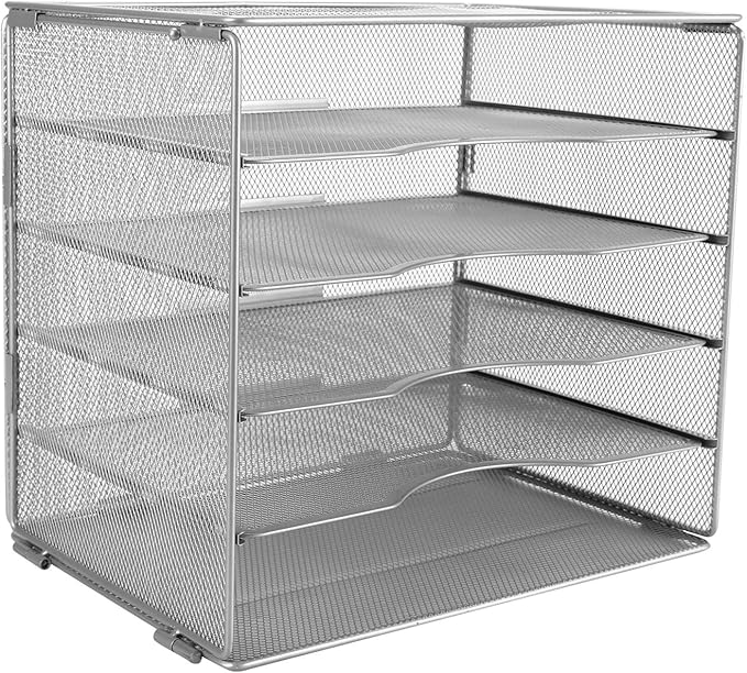 EasyPAG 5-Tier Mesh Desk File Organizer with Metal Frame, Screw-Free Assembly, Space Saving Letter Tray for Office/Home/School - A4 & Letter Size Paper Sorter, Silver