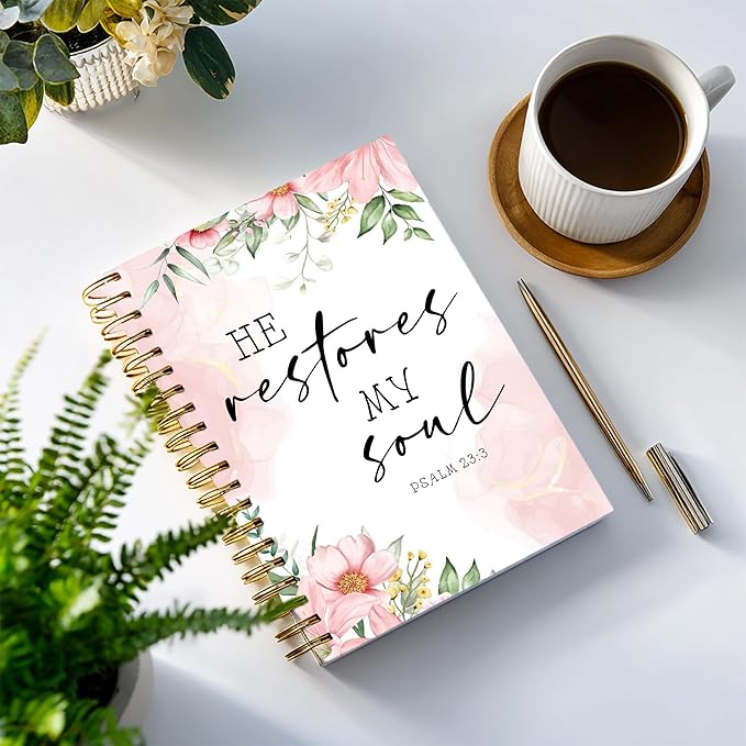 Bible Notebook, A5 Spiral Christian Journal with Floral Pink Butterfly Notebook, Bible Verse-He Restores My Soul, Inspirational Notebooks for Women, Bible Study, Gift for Birthday Christmas, Office Supplies (Light pink)