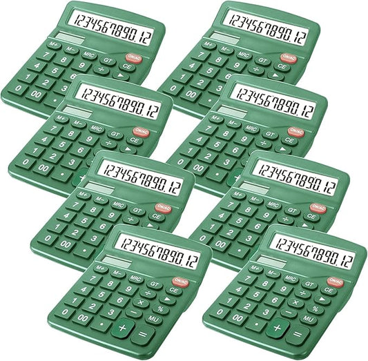 8 Pack Calculator Desktop, 12-Digit Solar Basic Calculators Dual Power Electronic Calculators with Large LCD Display Big Button for Office Home and School (Dark Green)