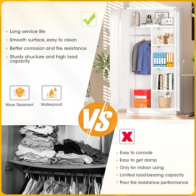 Greenvelly Metal Storage Wardrobe Cabinet with Lock, 72" White Metal Wardrobe Closet for Hanging Clothes with Doors and Shelves, Modern Clothes Closet for Home, Office and Bedroom, School,Gym