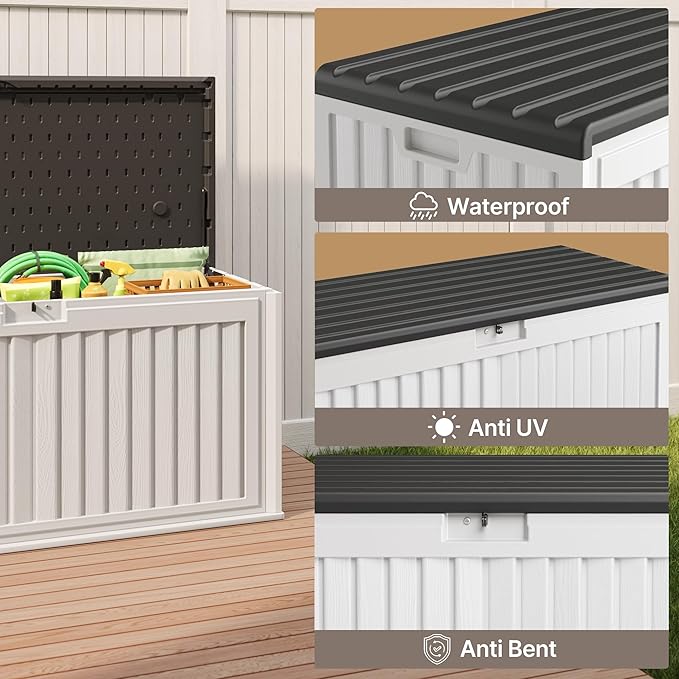 Gizoon 100 Gallon Deck Box, Resin Outdoor Storage Box with Lockable Lid, Waterproof and UV Resistant, Perfect for Storing Patio Mats, Garden Tools, Home and Outdoor Organization