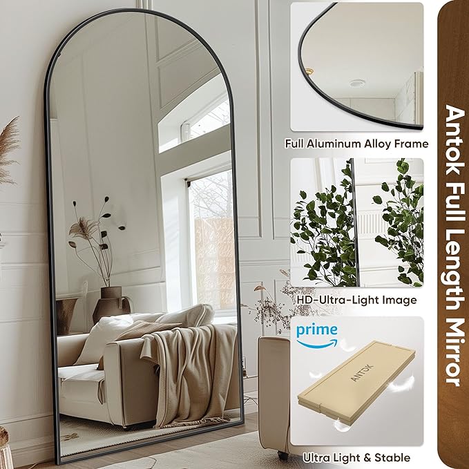 Antok Full Length Mirror, 76"x34" Arched Floor Mirror, Mirror Full Length with Stand, Wall Mounted Mirrors for Living Room Bedroom,Black