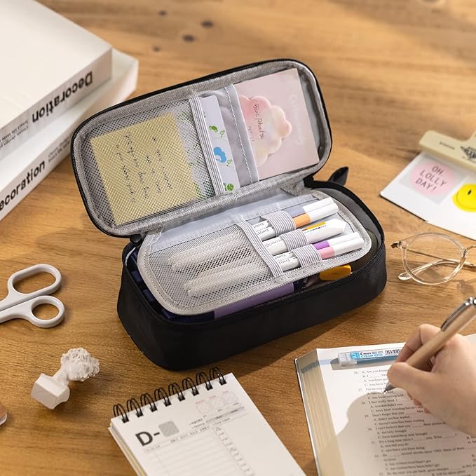 CICIMELON Durable Pen Pencil Case for School Supplies, High Capacity Pencil Bag Pouch Organizer for Teen Girls Boys Adults, Black