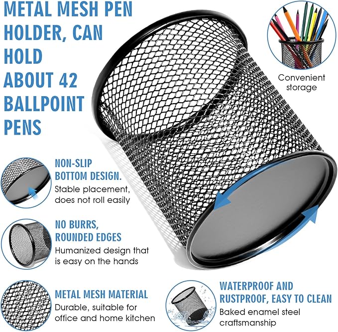 2 Pack Black Pencil Cup - Wire Mesh Pen Cup Holder for Desk, Office Pen Organizer With Sleek Design
