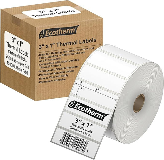 3" x 1" Thermal Labels | 6 Rolls | 15000 Labels | fits Zebra, Munbyn, Rollo, Godex, Arkscan, iDPRT, Offnova Thermal Label Printers and More | Blank White Adhesive Stickers by Ecotherm