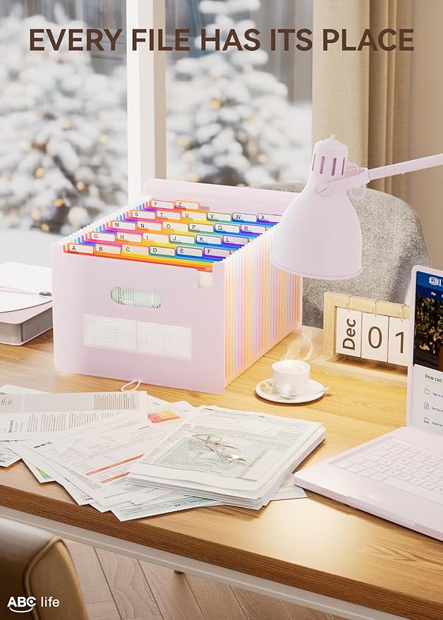 ABC life 26 Pockets Accordian File Organizer Expanding File Folders, Portable Letter A4 Size Filing Box,Plastic Monthly Receipt Document Organizer with Colored Tabs (Pinkish Purple)