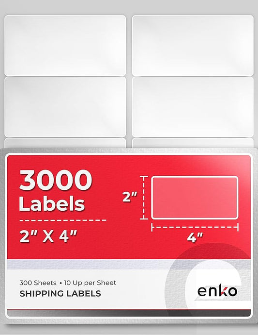 enKo 2 x 4 Inch Label - White Blank - 10 Up Address Mailing Labels for Laser Inkjet Printer (300 Sheets, 3000 Labels)