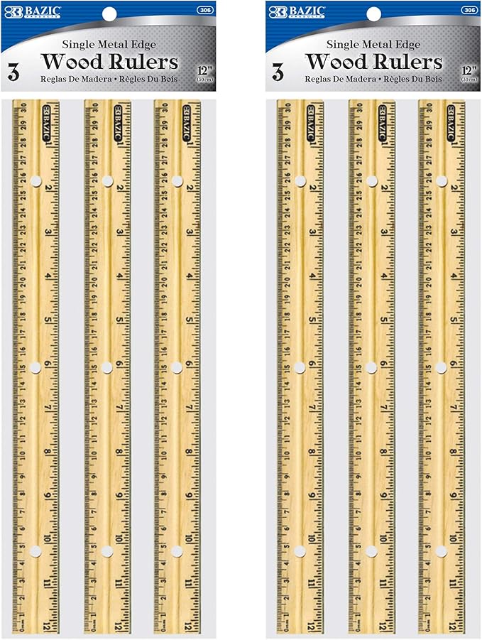 BAZIC Wooden Ruler 12" (30cm), Singel Metal Edge, Inches Centimeter Metric Measuring Drafting Rulers, for Students School Supplies (3/Pack), 2-Packs