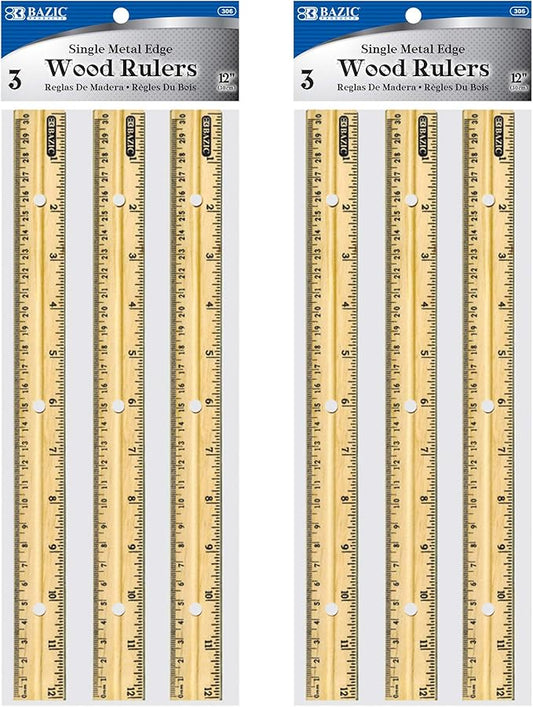 BAZIC Wooden Ruler 12" (30cm), Singel Metal Edge, Inches Centimeter Metric Measuring Drafting Rulers, for Students School Supplies (3/Pack), 2-Packs
