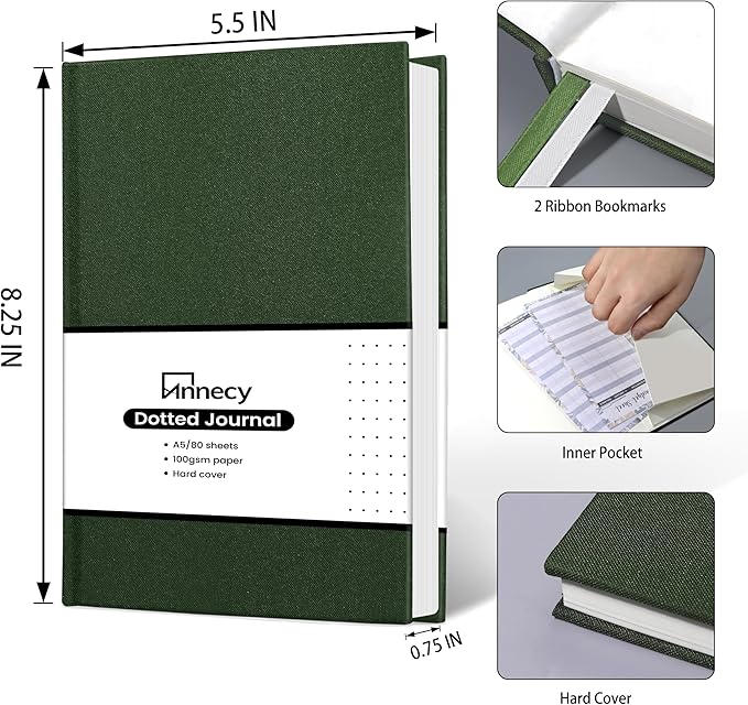 Annecy Numbered Bullet Dotted Journal Notebook, Medium 5.5x 8.25, 160 Pages 100GSM Writing Paper, A5 Deep Green Linen Cover