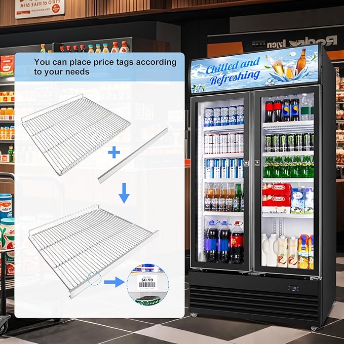 Commercial Beverage Refrigerator, 40 Inch 35 Cu.Ft. Commercial Drink Fridge, Display Refrigerator with Double Glass Door, Commercial Display Fridge with 8 Adjustable Shelves, for Shop,Restaurant,Bar