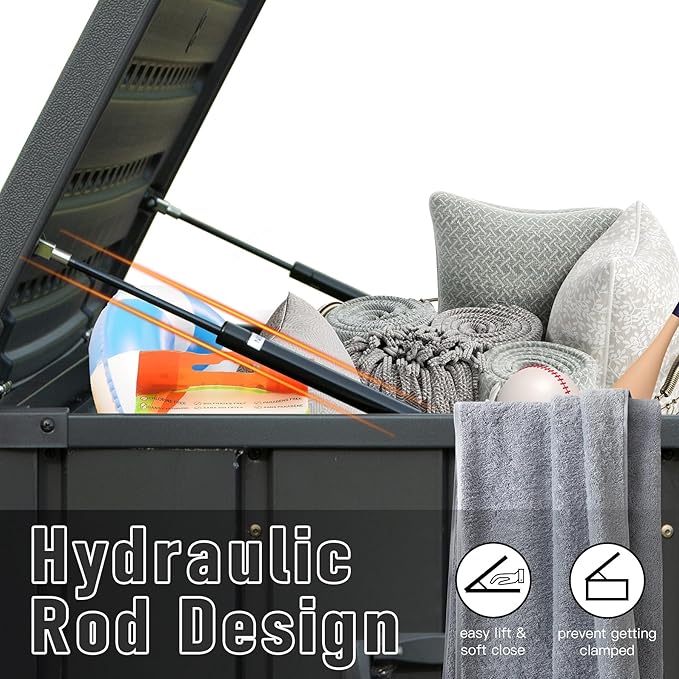 Domi Outdoor Deck Box 100 Gallon, Waterproof Lockable Steel Outdoor Storage Container with Resin Lid for Outside Cushions, Garden Tools and Pools Equipment (Gray)