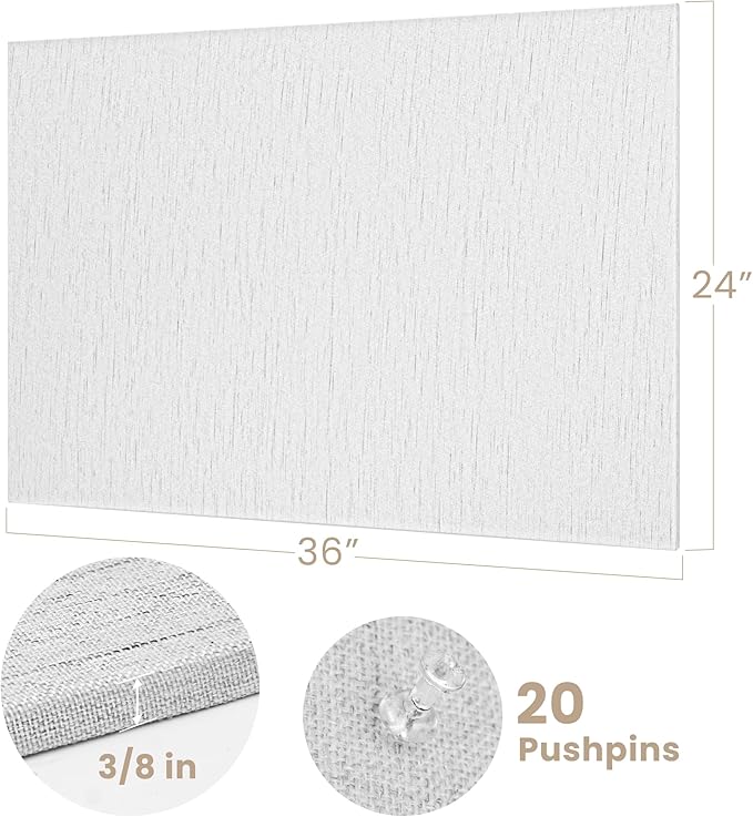 Bulletin Board 36 x 24 inches, 3' x 2' Linen Board for Wall, Decorative Fabric Pin Board with Safe Removable Adhesive Tapes for Home and Office, Includes 20 Push Pins-Gray Stripes