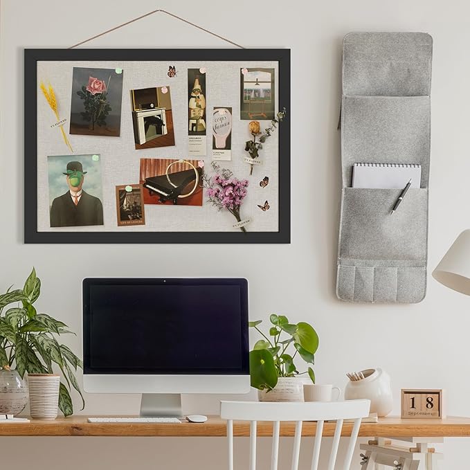 Cork Board Bulletin Board 16.7" x 11", Small Linen Corkboards with Frame for Walls, Cute Picture Display Pin Board Vision Board for Room School Office Bedroom 8 Pushpins Vintage Black