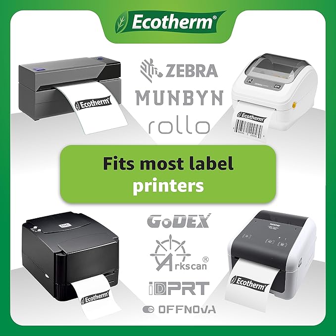 2.25" x 1.25" Thermal Labels | 4 Rolls | 4540 Labels | fits Zebra, Munbyn, Rollo, Godex, Arkscan, iDPRT, Offnova Thermal Label Printers and More | Blank White Adhesive Stickers by Ecotherm