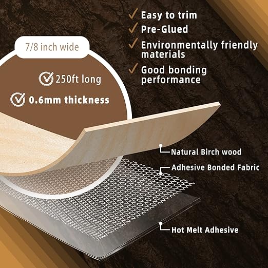 GSCIT Club Birch Edge Banding, 7/8 inch x 250ft roll of Veneer Edge Banding -Pre-glued Flexible, Real Wood Tape Banding for Cabinet Repair Furniture Restoration