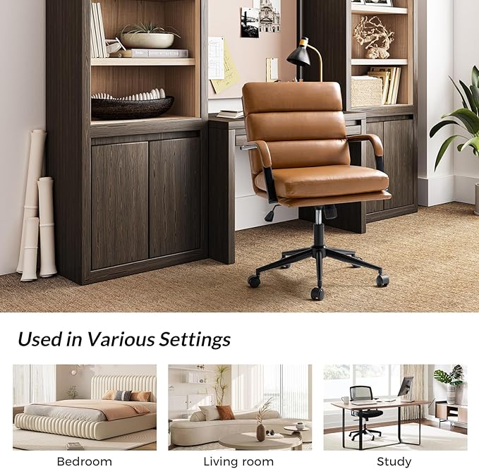 HULALA HOME Modern Faux Leather Home Office Chair with Tilt Lock & Metal Base, Desk Chair with Wheels & Padded Cushion, 360° Swivel Wide Seat Computer Task Chair, Camel