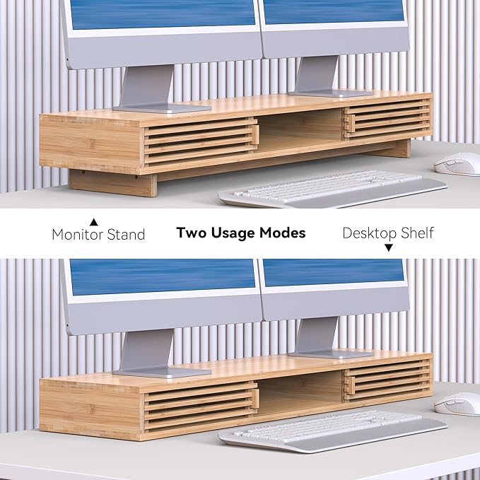 Dual Monitor Stand Riser with Sliding Door, Double Computer Laptop Stand Desk Shelf Organizer with Storage (Natural Bamboo, 38 Inch)