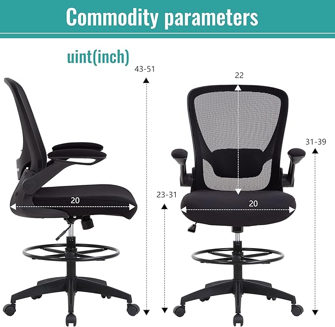 BestOffice Drafting Chair Tall Office Chair with Adjustable Foot Ring and Flip-Up Arms Computer Standing Desk Chair Executive Rolling Swivel Chair for Office & Home