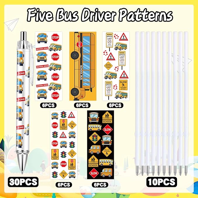 30 PCS School Bus Pens Bulk, Back To School Supplies Pens Teachers Pen with 1mm Black Ink Replaceable Ballpoint Pen Refill for Men Women Office Supplies (Bus Driver,30)