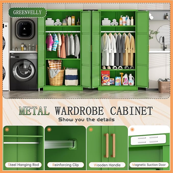 Greenvelly Metal Storage Wardrobe Cabinet with Lock, 71" Green Metal Wardrobe Closet for Hanging Clothes with Doors and Shelves, Modern Steel Clothes Closet for Home, Office and Bedroom, School,Gym