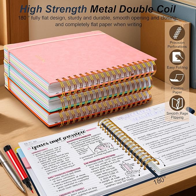 Hardcover Spiral Notebook 8"x10" Journal Notebook with Tabs and Removable Dividers 300 Pages 5 Subject Notebook College Ruled, Faux Leather Spiral Bound Notebook for Women, Students, School Work (Dark Blue)