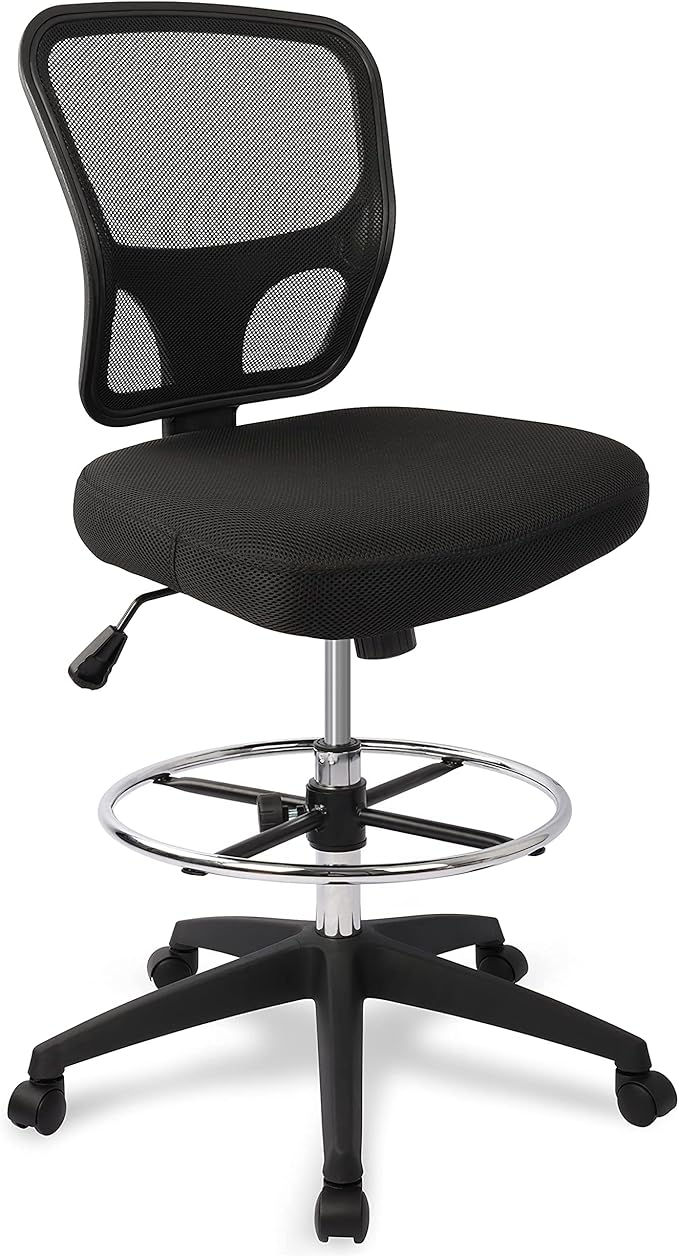 Armless Drafting Chair Tall Office Chair Adjustable Height High Back Ergonomic Desk Chair Drafting Stool Rolling Bar Stools Chairs with Footrest and Wheels