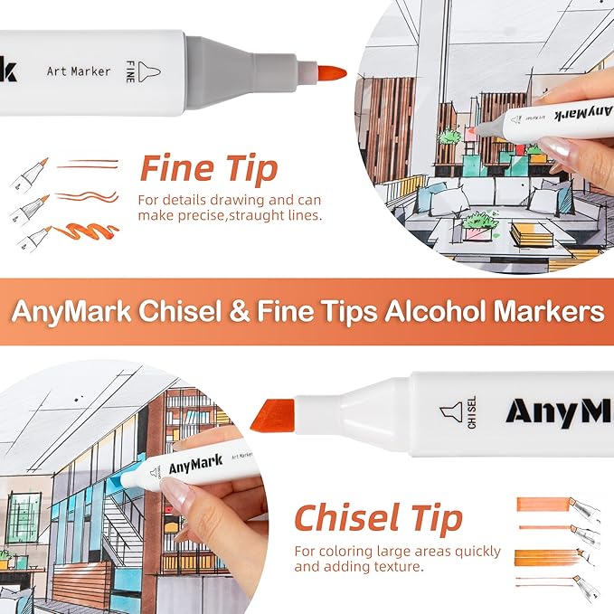 AnyMark Alcohol Markers, 48 Colors Dual Tip Art Coloring Markers Set for Kids Adult Book Drawing Sketching Painting, Chisel & Fine, White Penholder