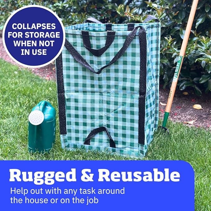 DURASACK Heavy Duty Home and Yard Bags 48-Gallon Reusable Self-Standing Lawn and Leaf Bags Garbage Can with Reinforced Handles, Gingham Green