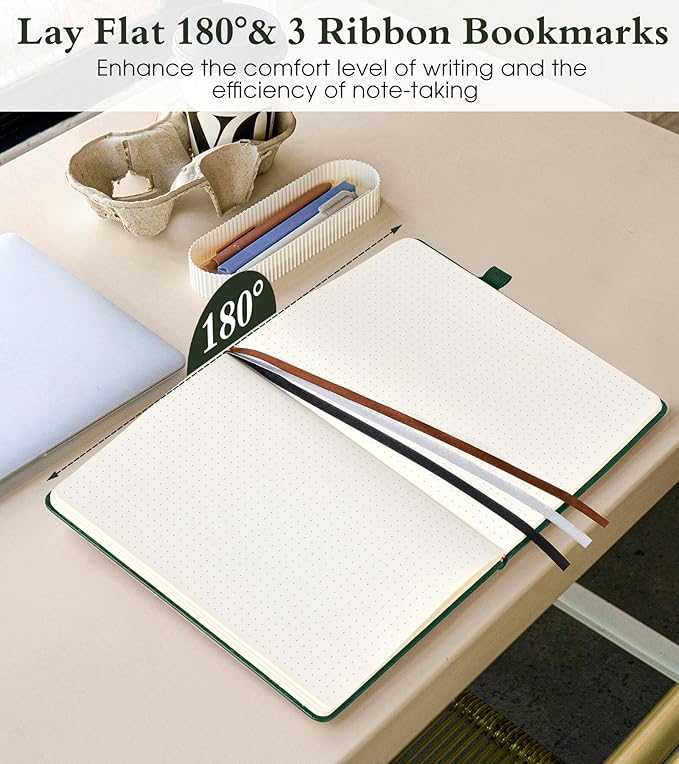 Dotted Journal Notebook for Women Men, 160 Pages Dot Grid Paper,Inner Pocket, A5 Hardcover Vintage Leather Notebooks for School, Work, Travel, Note Taking，Bullet Journaling 5.8"x8.5" (Green)