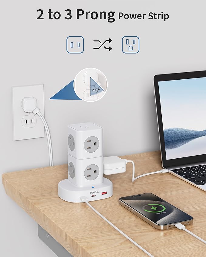 2 Prong Power Strip, 2 to 3 Prong Outlet Adapter with 9 Outlets 3 USB Ports (2 USB C), 1700J Two Prong Surge Protector, 5FT Power Strip Tower, Wall Mount for Old House Non-Grounded Outlets