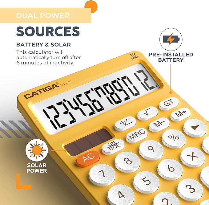 CATIGA 12 Digit Desktop Calculator Basic Desk Calculator with Large LCD Display, Big Buttons, 4 Function, Solar and Battery Dual Power, for Office, School, Home, SD-1292 Yellow
