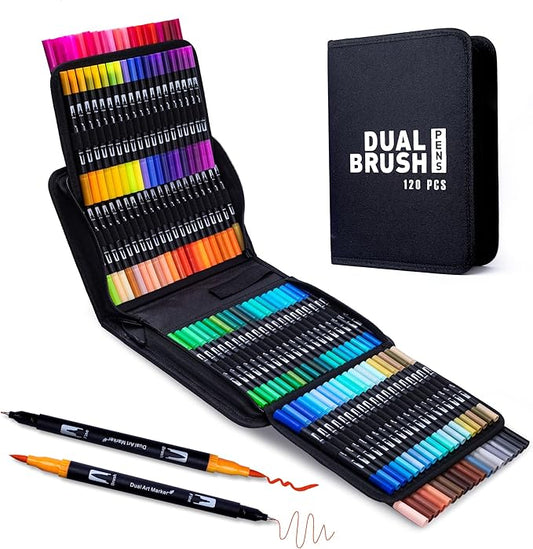 Dual Markers Brush Pens, 120 Coloring Pens for Adults – Premium Art Supplies for Kids & Adults, Perfect for Coloring Books, Hand Lettering, Calligraphy, and Drawing